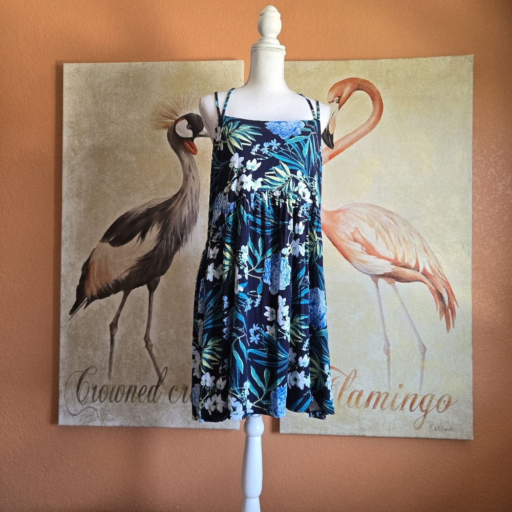 3/$25 Old Navy Stretch Sun Dress Mini Floral Strappy Navy Blue Green XXL - Picture 1 of 13